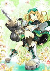 Rule 34 | 1girl, atelier (series), atelier shallie, bad id, bad pixiv id, black bloomers, blonde hair, bloomers, bow, capelet, dia (saotoko), expressionless, female focus, fighting stance, flower, full body, gloves, green eyes, green skirt, hair bow, long hair, miruca crotze, pile bunker, shoes, skirt, solo, underwear