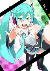 Rule 34 | 1girl, absurdres, aqua eyes, aqua hair, aqua necktie, armpits, bare shoulders, black thighhighs, breasts, cellphone, collarbone, collared shirt, detached sleeves, grey shirt, hatsune miku, highres, holding, holding phone, long hair, looking at viewer, miniskirt, multicolored background, necktie, open mouth, phone, sakuranoren, selfie, shirt, skirt, sleeveless, sleeveless shirt, small breasts, smartphone, smile, solo, sparkle, sparkling eyes, taking picture, thighhighs, twintails, vocaloid, zettai ryouiki
