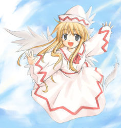 Rule 34 | 1girl, :d, angel wings, blonde hair, blue eyes, blush, bow, bowtie, collar, dress, eyebrows, female focus, flying, hat, izana, izana minagi, lily white, long sleeves, looking at viewer, lowres, open mouth, red bow, red bowtie, smile, solo, tate eboshi, touhou, white dress, wings