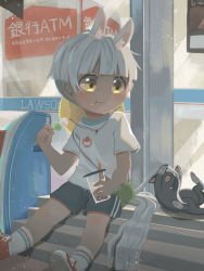 Rule 34 | 1boy, :t, absurdres, animal, animal ears, blush, bowl cut, brown eyes, bubble tea, cat, child, cup, dango, eating, food, food on face, highres, male focus, omurice (roza4957), original, shoes, shorts, sitting, skewer, tail, wagashi, white hair