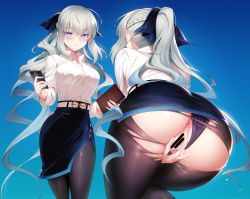 Rule 34 | 1girl, anus, ass, back, belt, black bow, black pantyhose, black skirt, blue background, blue eyes, bow, braid, breasts, censored, collared shirt, dress shirt, fate/grand order, fate (series), fingernails, french braid, gradient background, grey hair, hair bow, highres, large breasts, long hair, long sleeves, looking at viewer, m-da s-tarou, morgan le fay (chaldea satellite station) (fate), morgan le fay (fate), multiple views, office lady, pantyhose, pencil skirt, ponytail, pussy, shirt, sidelocks, skirt, thighs, torn clothes, torn legwear, very long hair, white shirt