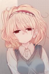 Rule 34 | 1girl, alice margatroid, bad id, bad pixiv id, blonde hair, cream (nipakupa), female focus, freckles, gradient background, hair in own mouth, hairband, leaning, messy hair, short hair, sleepy, solo, sweater vest, touhou