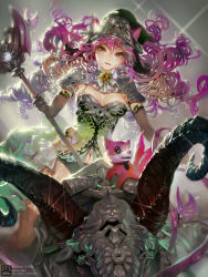 Rule 34 | 1girl, adapted costume, animal, animal ears, bell, blush, breasts, collar, crab d, dragon tamer lulu, dragon trainer lulu, dress, elbow gloves, fairy, gloves, hat, highres, horns, league of legends, long hair, lulu (league of legends), navel, pix (league of legends), purple hair, riding, staff, watermark, witch hat