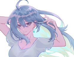 Rule 34 | 1girl, ahoge, arms up, blue eyes, blue hair, breasts, cleavage, closed mouth, dawn (artist), earrings, hand in own hair, highres, jewelry, long hair, looking at viewer, medium breasts, shirt, short sleeves, single earring, smile, solo, upper body, vivy, vivy: fluorite eye&#039;s song, white shirt