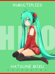 Rule 34 | 1girl, ahoge, artist name, boots, character name, detached sleeves, green eyes, green hair, hatsune miku, headset, kowiru, letterboxed, long hair, matching hair/eyes, sitting, skirt, solo, thigh boots, thighhighs, twintails, very long hair, vocaloid, wariza