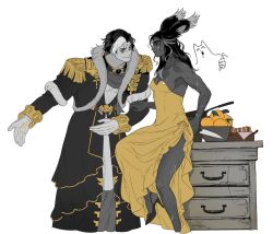 Rule 34 | 1boy, 1girl, 5altybitter5, animal ears, breasts, cabinet, cleavage, closed mouth, coat, cross scar, dress, emet-selch, epaulettes, final fantasy, final fantasy xiv, food, gloves, hidden weapon, holding, holding knife, knife, long dress, multicolored hair, muscular, muscular female, rabbit ears, reverse grip, sandwich, scar, side slit, simple background, smile, streaked hair, viera, warrior of light (ff14), white background, yellow dress, yellow theme