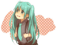 Rule 34 | 1girl, aqua eyes, aqua hair, bad id, bad pixiv id, child, clenched hand, clenched hands, hatsune miku, heart, long hair, necktie, solo, suspenders, tears, tomo, tomo (sjim), twintails, very long hair, vocaloid