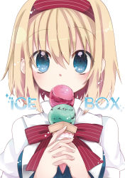 Rule 34 | 1girl, alice margatroid, blonde hair, blue dress, blue eyes, bow, capelet, dress, food, hair bow, ice cream, ice cream cone, looking at viewer, oinari (tensaizoku), puffy sleeves, short hair, solo, star-shaped pupils, star (symbol), symbol-shaped pupils, touhou
