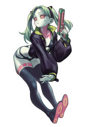Rule 34 | 1girl, absurdres, artificial eye, black bra, black jacket, black nails, black panties, boots, bra, breasts, collarbone, colored sclera, cyberpunk (series), cyberpunk edgerunners, finger on trigger, full body, green hair, gun, handgun, highres, holding, holding gun, holding weapon, jacket, leg tattoo, lentiyay, long hair, looking to the side, mechanical eye, nail polish, neck tattoo, panties, partially unzipped, petite, puffy sleeves, rebecca (cyberpunk), red pupils, red sclera, small breasts, solo, tattoo, thigh boots, twintails, underwear, weapon, white background, yellow eyes