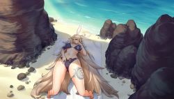 Rule 34 | 1girl, ahoge, animal ears, arched back, bad id, barefoot, beach, bikini, blonde hair, blush, breasts, closed mouth, fake animal ears, faucre the evil overlord, full body, game cg, gluteal fold, groin, hand on own crotch, hand to own mouth, headband, highres, inactive account, kakiman, large breasts, last origin, leg tattoo, linea alba, long hair, navel, ocean, official alternate costume, official art, ofuda, ofuda on clothes, outdoors, purple bikini, rabbit ears, rock, shadow, swimsuit, tachi-e, tattoo, thick thighs, thighs, tiptoes, towel, underboob, very long hair, white towel, wide hips, yellow eyes