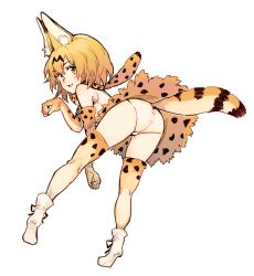 Rule 34 | 10s, animal ears, arm up, ass, bad id, bad pixiv id, boots, brown eyes, brown hair, elbow gloves, from behind, gloves, highres, kemono friends, looking back, miyajo, open mouth, panties, paw pose, serval (kemono friends), serval print, serval tail, shirt, short hair, skirt, sleeveless, sleeveless shirt, smile, solo, tail, thighhighs, underwear, white panties, white shirt