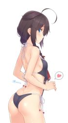 Rule 34 | 1girl, ahoge, alternate costume, ass, backless swimsuit, black hair, black one-piece swimsuit, blue eyes, braid, butt crack, casual one-piece swimsuit, clothes pull, cowboy shot, dan (kumadan), from side, hair between eyes, hair flaps, halterneck, heart, kantai collection, looking at viewer, one-piece swimsuit, one-piece swimsuit pull, shigure (kancolle), shigure kai ni (kancolle), simple background, single braid, skindentation, solo, spoken heart, standing, swimsuit, tagme, twitter username, white background