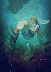 Rule 34 | 1girl, air bubble, animal, artist name, blonde hair, boots, brown footwear, bubble, closed eyes, commentary request, demizu posuka, full body, highres, jellyfish, long hair, nature, original, outdoors, prehistoric animal, scenery, seafloor, shoes, short shorts, shorts, solo, tank top, underwater