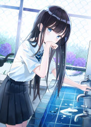 Rule 34 | 1girl, black hair, black skirt, blue bow, blue eyes, blue neckwear, blurry, blurry background, blush, bow, bowtie, cat, chain-link fence, collared shirt, commentary request, cowboy shot, day, depth of field, diagonal stripes, faucet, fence, flower, hand to own mouth, highres, hydrangea, iren lovel, leaning forward, long hair, looking at viewer, original, outdoors, pleated skirt, puddle, purple flower, school uniform, serafuku, shirt, shirt tucked in, short sleeves, skirt, solo, striped bow, striped bowtie, striped clothes, striped neckwear, very long hair, water, white shirt