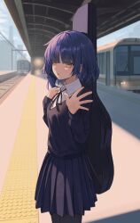 Rule 34 | 1girl, absurdres, black ribbon, black sweater, blue hair, blunt bangs, bocchi the rock!, collared shirt, commentary, cowboy shot, highres, instrument case, long sleeves, medium hair, mole, mole under eye, neck ribbon, open mouth, outdoors, outstretched hand, pantyhose, pleated skirt, railroad tracks, ribbon, school uniform, shirt, ske4682, skirt, solo, sweater, train, train station, v-neck, white shirt, yamada ryo, yellow eyes
