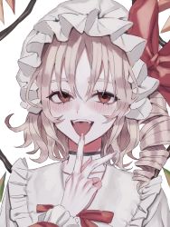 Rule 34 | 1girl, :d, blush, collarbone, drill hair, fangs, flandre scarlet, frilled shirt collar, frills, hat, highres, looking at viewer, mob cap, open mouth, red ribbon, ribbon, simple background, smile, solo, touhou, white background, white hat, wrist cuffs, zabu rou