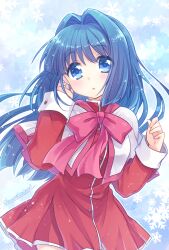 Rule 34 | 1girl, blue background, blue eyes, blue hair, blush, bow, capelet, commentary request, cowboy shot, dress, eyes visible through hair, floating hair, hair between eyes, hair intakes, hand in own hair, hands up, highres, kanon, kousetsu, long hair, looking at viewer, minase nayuki, parted lips, pink bow, red dress, school uniform, short dress, simple background, snowflakes, snowing, solo, standing, straight-on, twitter username, very long hair, white capelet