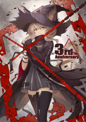 Rule 34 | 1girl, absurdres, animal ears, anniversary, arknights, asymmetrical sleeves, black dress, black gloves, black hat, black thighhighs, cat ears, cat girl, cat tail, chain, dress, ears through headwear, elite ii (arknights), fingerless gloves, gloves, hands up, hat, haze (arknights), highres, light brown hair, long hair, looking at viewer, solo, tail, tetuhebi, thighhighs, witch hat, yellow eyes