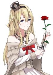 Rule 34 | 10s, 1girl, bare shoulders, blonde hair, blue eyes, braid, breasts, cleavage, collarbone, corset, crown, dress, flower, french braid, hair between eyes, hair over shoulder, hairband, highres, jewelry, kantai collection, leaf, long hair, long sleeves, medium breasts, mini crown, morinaga miki, necklace, off-shoulder dress, off shoulder, red ribbon, red rose, ribbon, rose, scissors, searchlight, simple background, smile, solo, upper body, warspite (kancolle), white background, white dress