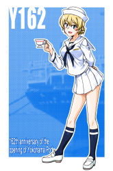 Rule 34 | 1girl, alternate costume, arm behind back, black neckerchief, black socks, blonde hair, blouse, blue eyes, border, braid, commentary request, cup, darjeeling (girls und panzer), dixie cup hat, english text, girls und panzer, hat, holding, holding cup, leaning forward, loafers, long sleeves, looking at viewer, military hat, miniskirt, neckerchief, ooarai naval school uniform, oosaka kanagawa, open mouth, outline, outside border, pleated skirt, sailor, sailor collar, school uniform, shirt, shoes, short hair, single horizontal stripe, skirt, smile, socks, solo, standing, teacup, twin braids, white border, white footwear, white hat, white outline, white shirt, white skirt