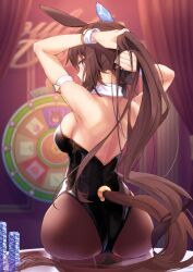 Rule 34 | 1girl, adjusting hair, admire vega (umamusume), alternate costume, animal ears, armpits, ass, backless leotard, backless outfit, brown hair, casino card table, commentary request, highres, horse ears, horse girl, horse tail, leotard, long hair, looking at viewer, playboy bunny, poker chip, ponytail, solo, starheart, table, tail, umamusume