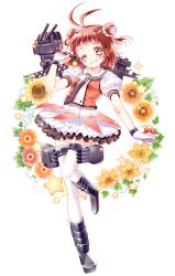 Rule 34 | 10s, 1girl, brown hair, double bun, dress, flower, gloves, grin, highres, kantai collection, microphone, naka (kancolle), one eye closed, piano (mymel0v), short hair, smile, turret, uniform