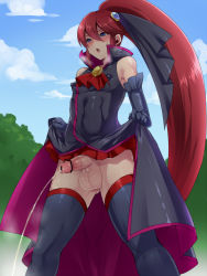 Rule 34 | 10s, 1boy, black gloves, blue eyes, blush, breath, censored, crossdressing, elbow gloves, covered erect nipples, gloves, hair ornament, happinesscharge precure!, long hair, male focus, mogiki hayami, nipples, no panties, peeing, penis, phantom (happinesscharge precure!), pointless censoring, ponytail, precure, puffy chest, red hair, ribbon, skirt, solo, testicles, thighhighs, trap, unlovely (happinesscharge precure!), very long hair