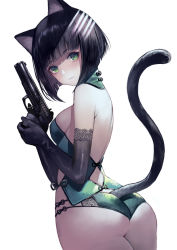 Rule 34 | 1girl, animal ears, ass, bare shoulders, black gloves, black hair, blunt bangs, bob cut, breasts, bustier, cat ears, cat tail, closed mouth, commentary request, cowboy shot, dutch angle, elbow gloves, fang, fang out, from behind, gloves, green eyes, green panties, gun, handgun, highres, holding, holding gun, holding weapon, looking at viewer, looking back, medium breasts, original, own hands together, panties, pistol, short hair, sideboob, simple background, solo, tail, tail raised, terai (teraimorimori), underwear, underwear only, weapon, white background