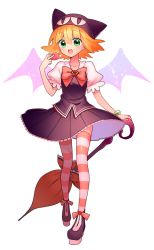 Rule 34 | 1girl, amitie (puyopuyo), bat wings, blonde hair, bow, closed umbrella, compile, food, full body, green eyes, hat, highres, long hair, macaron, madou monogatari, nyakelap, official alternate costume, pink bow, puyopuyo, puyopuyo quest, solo, striped clothes, striped thighhighs, thighhighs, transparent background, umbrella, wings