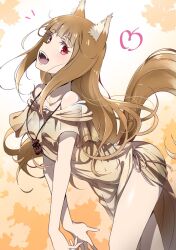 Rule 34 | 1girl, animal ears, arched back, babydoll, breasts, brown hair, collarbone, highres, holo, long hair, looking at viewer, medium breasts, open mouth, pink babydoll, red eyes, spice and wolf, tail, teeth, thighs, tokiani, wolf ears, wolf girl