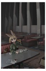 Rule 34 | 1girl, :d, animal ear fluff, animal ears, blonde hair, blue eyes, border, box, cardboard box, cup, female focus, food, holding, holding food, i love serval, jaggy lines, kemono friends, looking at viewer, mug, night, oekaki, open mouth, plate, restaurant, serval (kemono friends), serval ears, serval tail, smile, solo, tail, white border, window