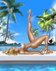 Rule 34 | 1girl, absurdres, alternate skin color, android 18, anklet, arched back, armlet, balancing ball, bikini, black choker, blonde hair, blue eyes, blue sky, breasts, choker, commentary, dark-skinned female, dark skin, day, dragon ball, dragon ball (object), dragon ball super, dragonball z, english commentary, eyeliner, fingernails, from side, full body, hands on floor, high heels, highres, jewelry, large breasts, leg up, linkartoon, long legs, looking at viewer, makeup, medium hair, multi-strapped bikini bottom, narrow waist, palm tree, pinup (style), pool, sideboob, sky, solo, stiletto heels, swimsuit, tan, toenails, toes, tree, water, white bikini