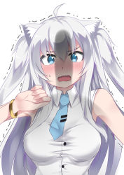 Rule 34 | 1girl, :o, absurdres, ahoge, animal ear fluff, animal ears, bare arms, blue eyes, blue necktie, blush, bracelet, cat ears, catstudioinc (punepuni), commentary, english commentary, fang, hair between eyes, highres, jewelry, long hair, looking at penis, looking at viewer, mashiro (miku plus), necktie, nose blush, open mouth, original, penis awe, penis shadow, shirt, silver hair, simple background, skin fang, sleeveless, sleeveless shirt, solo, surprised, sweatdrop, trembling, two side up, upper body, white background, white shirt, wing collar
