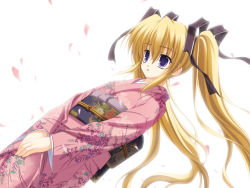 Rule 34 | 00s, 1girl, blonde hair, cherry blossoms, dutch angle, floral print, fujimiya chisa, game cg, gift (game), hair ribbon, japanese clothes, kimono, long hair, naruse mamoru, non-web source, petals, purple eyes, ribbon, simple background, solo, twintails, v arms, wind