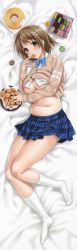 Rule 34 | 1girl, absurdres, bed sheet, belly, blue bow, blue bowtie, blush, bow, bowtie, box, breasts, brown eyes, brown hair, cake, cardigan, cle masahiro, clothes lift, cookie, dakimakura (medium), dessert, eating, feet, flower, food, from above, full body, gradient background, hair flower, hair ornament, highres, huge filesize, idolmaster, kneehighs, large breasts, legs, long sleeves, looking at viewer, lying, macaron, midriff, mimura kanako, miniskirt, mouth hold, navel, no bra, no shoes, on side, plaid, plaid skirt, plate, pleated skirt, plump, school uniform, shirt lift, short hair, skirt, socks, solo, sweater, sweater lift, thighs, toes, underboob, white socks