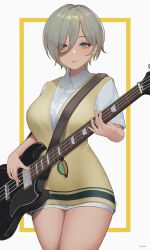 Rule 34 | 1girl, absurdres, artist name, bass guitar, blonde hair, breasts, brown sweater vest, closed mouth, collared shirt, colored inner hair, commentary, cowboy shot, dark-skinned female, dark skin, dress shirt, eyes visible through hair, girls band cry, grey eyes, grey hair, hair between eyes, highres, holding, holding instrument, inset border, instrument, large breasts, legs together, looking at viewer, mole, mole under eye, multicolored hair, music, playing instrument, rupa (girls band cry), ryumikooo, shirt, short hair, short sleeves, smile, solo, standing, sunglasses, sweater vest, two-tone hair, white background, white shirt
