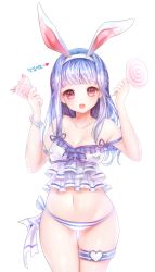 Rule 34 | 1girl, :o, animal ears, artist name, babydoll, bad id, bad pixiv id, bare shoulders, blue hair, blue ribbon, blunt bangs, bracelet, breasts, candy, cleavage, collarbone, cowboy shot, eyebrows, fake animal ears, food, frills, hairband, hands up, heart, highres, holding, holding food, jewelry, lollipop, long hair, looking at viewer, navel, open mouth, original, panties, rabbit ears, red eyes, ribbon, shale, side-tie panties, simple background, small breasts, solo, stomach, strap slip, striped clothes, striped panties, thigh gap, thigh strap, underwear, white background, white panties