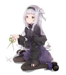 Rule 34 | 1girl, alternate eye color, arm support, black coat, black footwear, black hairband, black pantyhose, black shirt, blunt bangs, breasts, brown eyes, closed eyes, coat, full body, grey hair, hair bun, hair ornament, hairband, hand up, high-waist skirt, holding, holding scissors, hololive, kase (kurimuzone oruta), lace-trimmed hairband, lace trim, long hair, looking at viewer, murasaki shion, off-shoulder coat, off shoulder, pantyhose, pinstripe pattern, pinstripe shirt, purple skirt, scissors, shirt, sidelocks, single hair bun, single side bun, sitting, skirt, sleeves past wrists, small breasts, solo, star (symbol), star hair ornament, striped clothes, striped pantyhose, vertical-striped clothes, vertical-striped pantyhose, very long hair, virtual youtuber, wariza