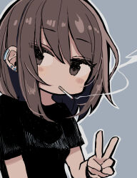 Rule 34 | 1girl, arm at side, black shirt, brown eyes, brown hair, cigarette, commentary, earclip, earrings, hair between eyes, hand up, highres, hinomaru (futagun), jewelry, looking at viewer, medium hair, mouth hold, original, outline, portrait, shirt, short sleeves, sidelocks, smoke trail, smoking, solo, stud earrings, symbol-only commentary, t-shirt, v, white outline