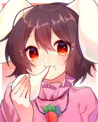 Rule 34 | 1girl, :t, absurdres, animal ears, black hair, carrot necklace, commentary request, eating, floppy ears, food, food on face, heart, highres, inaba tewi, jewelry, looking at viewer, medium hair, mochi, necklace, pink shirt, portrait, rabbit ears, rabbit girl, red eyes, renka (sutegoma25), shirt, solo, touhou, upper body