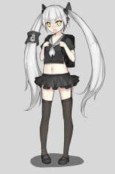 Rule 34 | 1girl, bag, blush, destroyer (girls&#039; frontline), female focus, girls&#039; frontline, grey background, highres, long hair, looking at viewer, navel, open mouth, sangvis ferri, school uniform, solo, thighhighs, twintails, white hair, yellow eyes