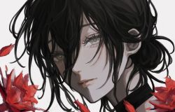 Rule 34 | 1girl, black choker, black hair, chainsaw man, choker, eyelashes, flower, green eyes, grey background, hair between eyes, highres, inuo (inuo x), long eyelashes, looking at viewer, medium hair, painterly, parted lips, pink lips, portrait, red flower, reze (chainsaw man), simple background, solo, upper body