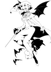 Rule 34 | 1girl, aged up, ama (mosaicowen), bat (animal), bat wings, cane, choker, dress, fingernails, frills, full body, greyscale, hat, hat ribbon, high contrast, high heels, highres, lineart, long fingernails, mob cap, monochrome, pointy ears, remilia scarlet, ribbon, shoes, short hair, sleeves past wrists, solo, touhou, vampire, wings