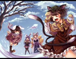 Rule 34 | 4girls, adapted costume, animal ears, animal hat, bell, black legwear, blue sky, boots, bow, brown eyes, brown gloves, brown hair, capelet, carrot, cat ears, cat tail, chen, clenched teeth, cloud, day, dress, earrings, fang, fox tail, gloves, grin, hands in opposite sleeves, hat, inaba tewi, jacket, jewelry, long sleeves, mob cap, multiple girls, multiple tails, namuko, necklace, nekomata, o o, one eye closed, open mouth, outdoors, pantyhose, pendant, mob cap, pink dress, purple eyes, rabbit ears, red dress, red eyes, reisen udongein inaba, scarf, shirt, single earring, skirt, sky, smile, snow, snowball, snowball fight, tabard, tail, tassel, teeth, touhou, tree, two tails, white dress, wide sleeves, yakumo ran