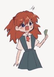 Rule 34 | 1girl, :o, artist request, blue eyes, blush, bow, bowtie, brown hair, chibi, collarbone, collared shirt, dress shirt, highres, interface headset, long hair, looking at viewer, neon genesis evangelion, school uniform, shirt, simple background, skirt, solo, souryuu asuka langley, surprised, suspender skirt, suspenders, sweat, tokyo-3 middle school uniform, two side up, white background, white shirt