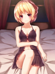 Rule 34 | 1girl, alternate costume, arm at side, babydoll, bad id, bad pixiv id, bed sheet, black panties, blonde hair, bow, closed mouth, collarbone, curtains, dress, eyebrows, hair ornament, hair ribbon, hand on own stomach, highres, indoors, lace, lace-trimmed dress, lace trim, lingerie, looking at viewer, night, on bed, panties, pokio, red bow, red eyes, red ribbon, ribbon, rumia, see-through, short hair, side-tie panties, sitting, smile, solo, spaghetti strap, stomach, touhou, underwear, underwear only, upskirt, window