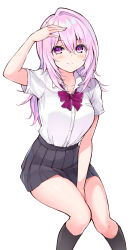 Rule 34 | 1girl, arm up, between legs, black skirt, black socks, blush, bow, breasts, closed mouth, collarbone, collared shirt, commentary request, cu-no, dress shirt, feet out of frame, fingernails, hair between eyes, hand between legs, hisen kaede, kneehighs, knees together feet apart, long hair, medium breasts, nail polish, pink hair, pink nails, pleated skirt, purple eyes, red bow, school uniform, shirt, short sleeves, sidelocks, simple background, single hair intake, sitting, skirt, smile, socks, solo, white background, white shirt, yayoi sakura