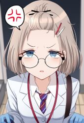 Rule 34 | 1girl, anger vein, angry, blue eyes, breast pocket, breasts, commentary, dot nose, eyelashes, forehead, frozenpile, glasses, gloves, grey hair, hair ornament, hairclip, idolmaster, idolmaster shiny colors, indoors, lab coat, latex, latex gloves, long sleeves, looking at viewer, necktie, open mouth, pocket, red necktie, round eyewear, serizawa asahi, shirt, short hair, small breasts, solo, spoken anger vein, upper body, v-shaped eyebrows, white shirt