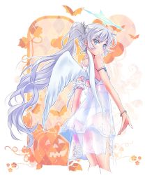 Rule 34 | 1girl, bad anatomy, blue eyes, dress, earrings, halo, highres, iesupa, jewelry, long hair, ponytail, rwby, scar, scar across eye, scar on face, see-through, side ponytail, solo, underwear, weiss schnee, white hair, wings