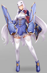 Rule 34 | 1girl, absurdres, blue footwear, blue shirt, blue skirt, blush, breasts, colored eyelashes, melusine (fate), fate/grand order, fate (series), frilled skirt, frills, frown, gauntlets, gold trim, grey background, highres, long hair, shirt, sirosoil, skirt, small breasts, solo, white hair, yellow eyes